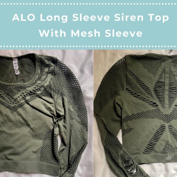 ALO YOGA Siren Long-sleeve Mesh Performance Crop Top In Green/Sage - Picture 1 of 6